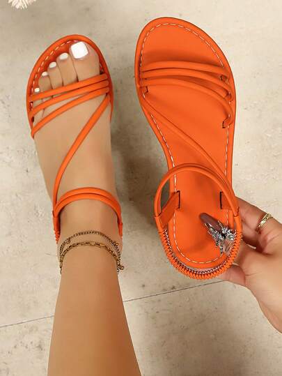 1 par orange enfärgade strandsandaler, fest, eleganta, casual PU-läder med resårband för kvinnor, lämpliga för semester, utomhus, festival, vår/sommar