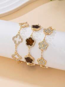 3pcs Luxurious High-End Clover Rhinestone Decor Bracelet Set, Brown & Gold, Elegant & Sweet Women Bracelet Set, Stackable/Versatile - 多色-1 - 查看 6