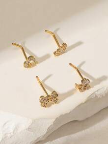 Set 4 buah Anting Hidung Stainless Steel Berkilau Bentuk Hati, Salib, Bunga, dan Angka 7 dari Paduan Tembaga dengan Hiasan Berlian Imitasi, Cocok untuk Pemakaian Sehari-hari Wanita, Hadiah Ulang Tahun, Natal, dan Hari Valentine - Yellow Gold - View 3
