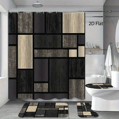 2D Flat Design, 1pc/4pcs Set 2D Flat Shower Curtain Set With 12 Hooks, Includes Bath Mat, Toilet Lid Cover, Non-Slip Mat, Washable Curtain, Suitable For Bathroom Accessories And Home Decor, Mother's Day Gift