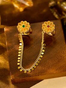 1pc Minimalist Versatile Gold-Plated All-Match Chain & Floral Linked Finger Hand Chain, Suitable For Dates, Weddings, Parties, Holidays, Gift - Yellow Gold - View 7