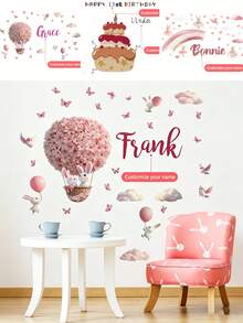 3 Styles Available, Customizable Rabbit Hot Air Balloon & Birthday Name Wall Stickers, Removable Wallpaper, Decor For Children's Bedroom, Living Room, Home Decor, Kitchen, Bathroom, Bedroom, House Renovation, Peelable Wallpaper, Living Room Wall Art, Party Supplies, Office Decor - Multicolor - View 2