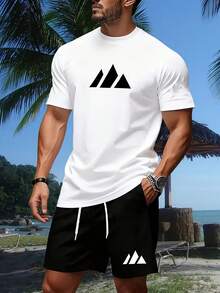 2026 Summer New Arrival Cotton Washed  Soft WashedMen'S Casual Sports Set| 2026  Short-Sleeved T-Shirt And Shorts With Geometric Print| Crew Neck, Slight Stretch Fabric, Perfect For Summer And Daily Wear  Men's Casual Outfit, Cotton Sportswear Set - 白色 - 查看 8