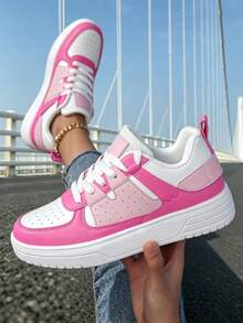 Women's Pink And White Platform Sneakers - Raw Hem Denim Style With Gold Ankle Chain For Campus Comfort, Year-Round Shoes For Women​ - Màu Hồng Tươi - Xem 2