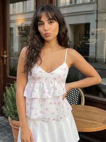 Women's Maternity Camisoles Spaghetti Straps Floral Pattern Ruffled V Neck Crop Tank Tops For Summer - Pink - View 3