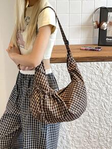 Bolso de hombro y bandolera multifuncional de diseño único de moda, de alta calidad, a cuadros, con cordón y forma de empanadilla, para uso diario y desplazamientos - Marrón - Ver 5