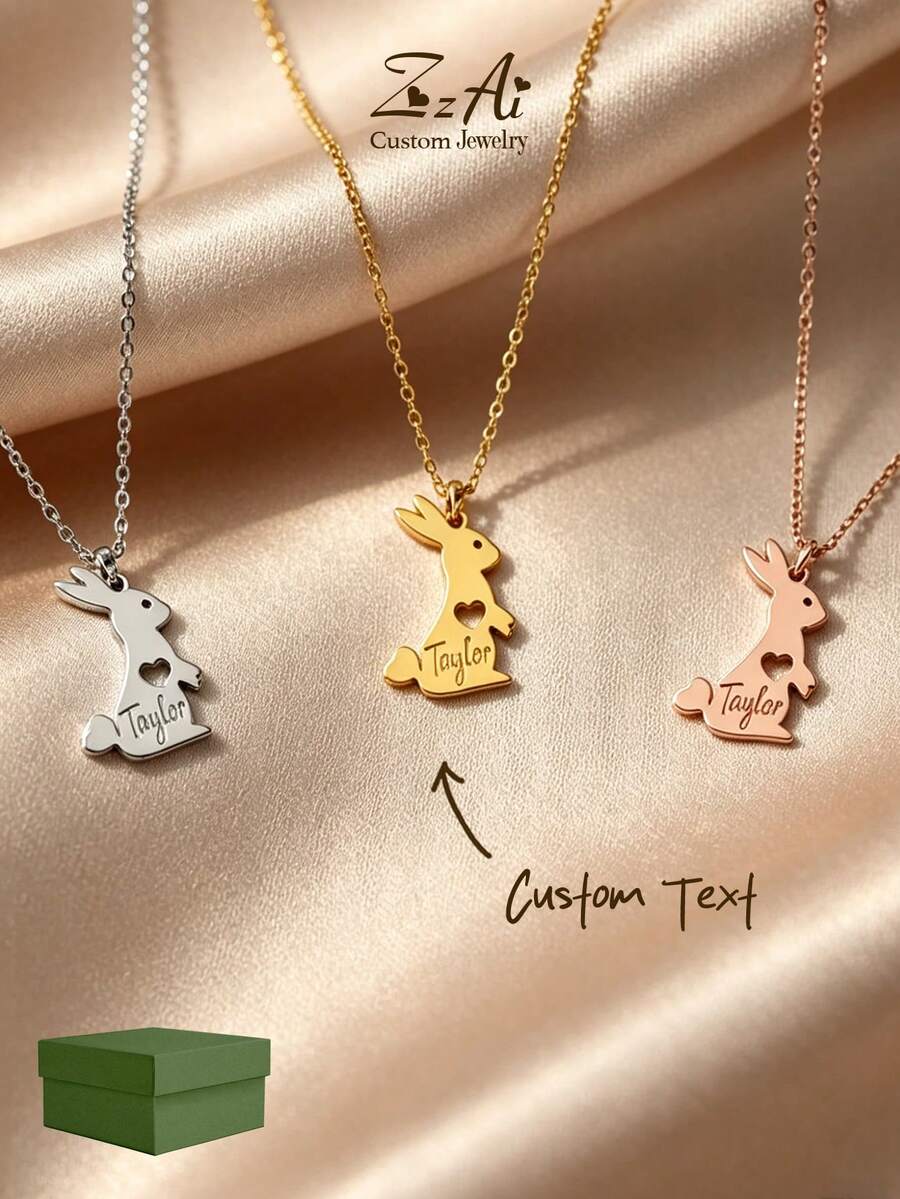1 chiếc dây chuyền hình thỏ khắc tên theo yêu cầu: Mặt dây chuyền hình thỏ bằng bạc nguyên chất, có thể tùy chỉnh chữ, kiểu dáng tối giản và thời trang, thích hợp làm quà tặng hàng ngày hoặc quà tặng Lễ Tạ ơn. - Nhiều màu - Xem 1