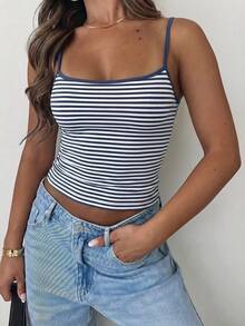 Áo kiểu nội y thời trang nữ Vaiaye, kiểu dáng ôm sát, cổ tròn, in họa tiết sọc, thích hợp cho kỳ nghỉ hè, đi biển và mặc thường ngày. - sọc xanh và trắng - Xem 10