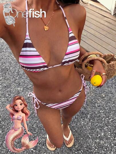  Onefish 女士粉色条纹印花比基尼套装，三角挂脖滑动罩杯比基尼上衣，可调节侧系带比基尼下装，低腰高衩，极简性感夏季海滩度假泳装