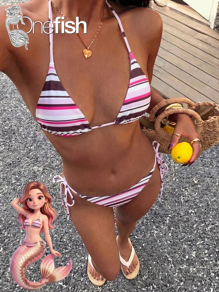 Onefish 女士粉色条纹印花比基尼套装，三角挂脖滑动罩杯比基尼上衣，可调节侧系带比基尼下装，低腰高衩，极简性感夏季海滩度假泳装 - 粉色 - 查看 1