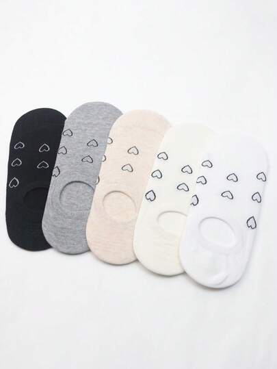5 Pairs Women's Minimalist Solid Color & Heart Print Invisible Low-Cut Casual Socks