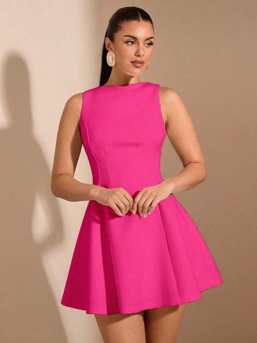 Vestido elegante de unicolor sin mangas con dobladillo con volantes y cintura elástica para citas en otoño para mujer - Rosa Fucsia - Ver 1