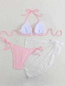 女士夏季蕾丝吊带性感比基尼套装，包含罩衫和半身裙，适合度假海滩穿着 - 淺粉色 - 查看 2