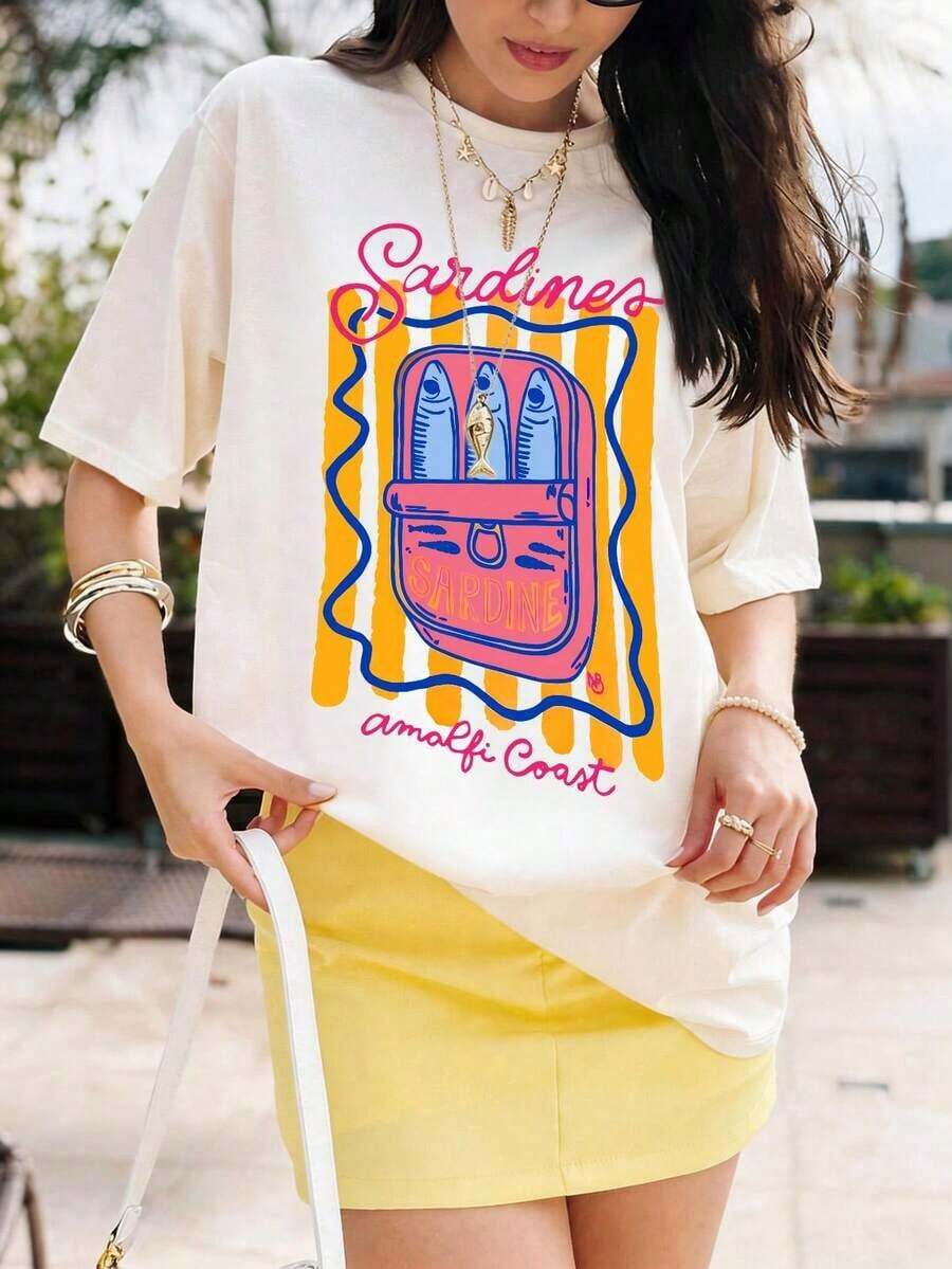 T-shirt en coton à imprimé sardine de la côte d'Amalfi, décontracté, été, manches courtes, col rond, coupe régulière, motif graphique côtier pour les vacances. - Blanc - Voir 1