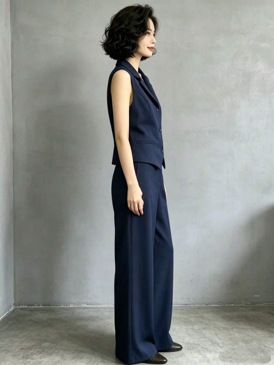 Stylish And Comfortable Twill Vest And Pants Set With Belt For The Office. - 藏蓝色 - 查看 1