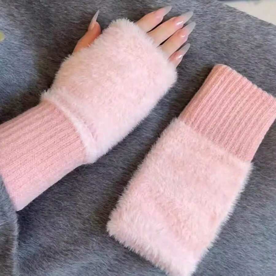 1 Đôi Găng tay cụt ngón ấm áp mùa đông có lỗ xỏ ngón cái, cổ tay đan bằng vải nỉ mềm mại co giãn, Găng tay mềm mại và thân thiện với da, Màu đen, Trắng, Hồng, Kaki - Nhiều màu - Xem 1