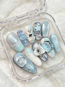 10pcs Oval-Shaped Wearable Nails, Icy Blue Cat Eye Base With 3D Handmade Mini Bear & Star Crystal Decor, Sweet & Cute Style, Perfect For Summer Beach Vacation, Daily Commute And Dates, Handcrafted Reusable Nail Tips, Y2K Vibe, Ideal Gift For Her - Baby Blue - View 2
