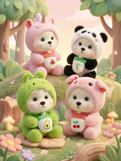 Oso transformable de 25 cm es el regalo perfecto para cualquier ocasión. Lleva un disfraz de panda rosa, tiene adornos rojos alrededor de las orejas y lleva una pequeña bolsa bordada con cerezas.