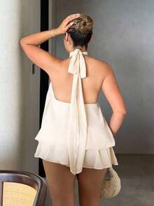 Vestido mini elegante de mujer con cuello halter y lazo en color amarillo claro - Beis - Ver 2