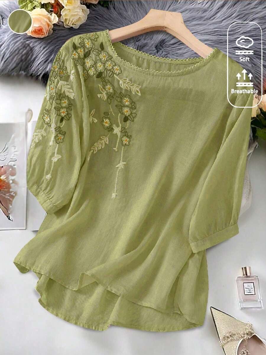 大尺碼女款刺繡寬鬆波希米亞復古襯衫,春夏休閒上衣,夏季度假穿搭女款,夏季女裝套裝 - 綠色 - 查看 1