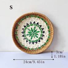 1 pieza Bandeja decorativa hecha a mano de estilo vintage con ratán y conchas, organizador artístico, bandeja para aperitivos, bandeja de té para decoración del hogar - Multicolor - Ver 22
