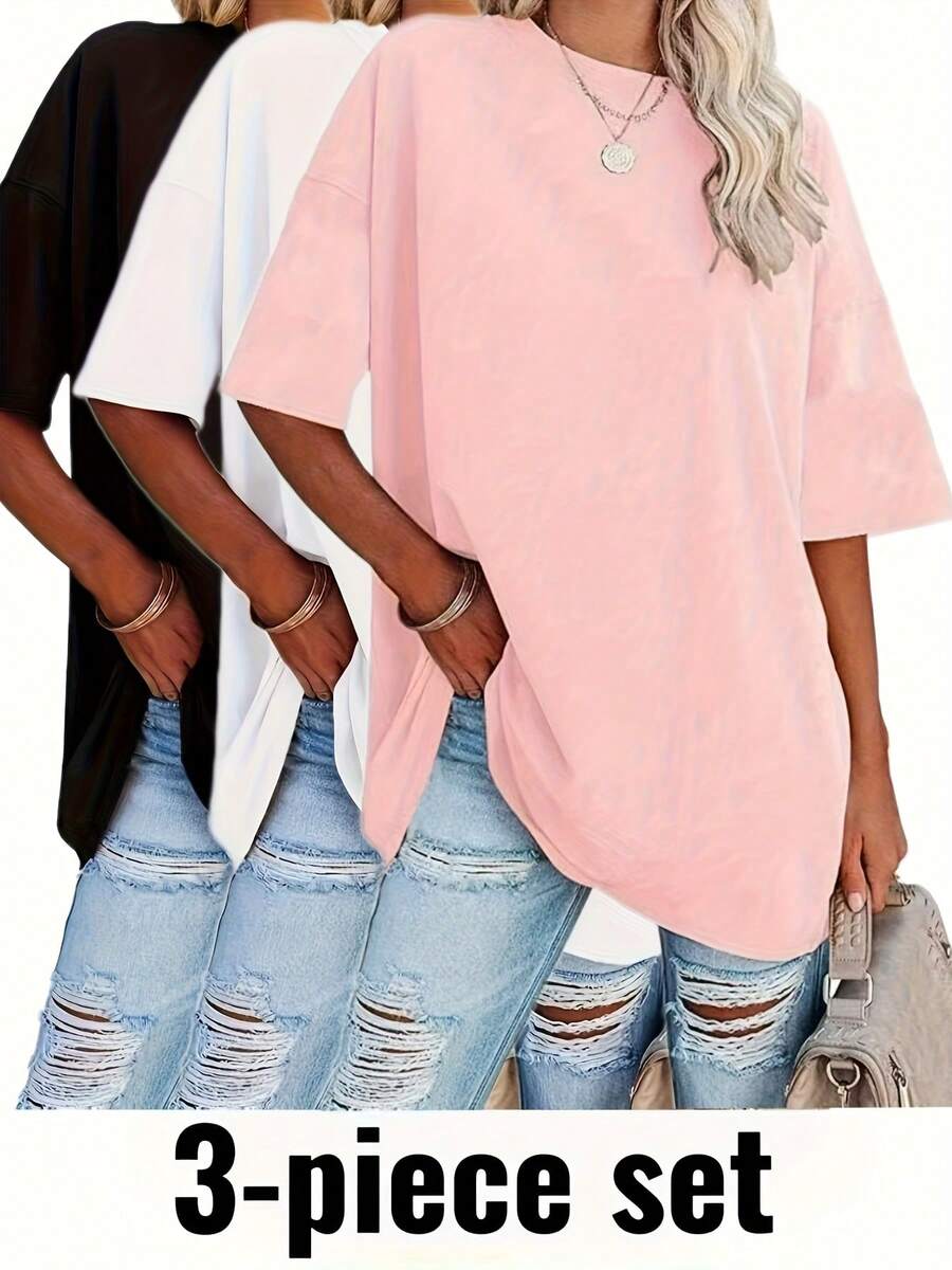 [3-Piece Set] Mid-Length Women's T-Shirt Top, Round-Neck Short-Sleeve Women's T-Shirt, Solid Color Long Style 2026 Country Concert Outfit - Bộ ba món - Xem 1