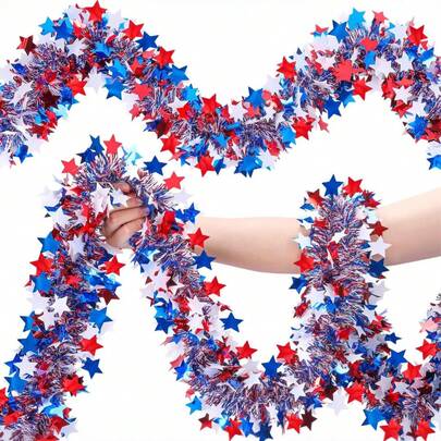 爱国闪亮花环装饰，红白蓝星形金属亮片扭曲花环，适用于7月4日游行、高尔夫球车、汽车、自行车装饰、阵亡将士纪念日