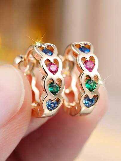 多色合成锆石镶嵌镀金耳环，优雅镂空心形耳夹，甜美饰品，适合女孩和女士
