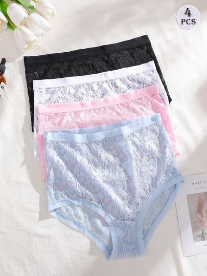 FINETOO 4pcs/Set Women's Lace Pattern Comfortable High Waist Briefs, Romantic Sexy Ladies Underwear, Suitable For Spring & Summer