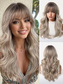 20英寸深棕色带银色挑染长波浪假发，带刘海，女士合成纤维材质，耐热，适合日常、办公、派对、万圣节、圣诞节、感恩节、婚礼、舞会、约会、生日、度假等场合，逼真自然，佩戴舒适。 - 米色 - 查看 2