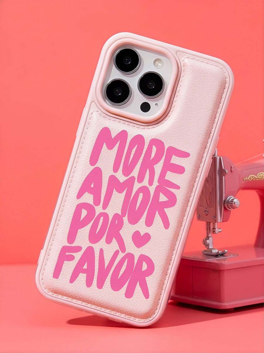 粉色皮革纹理标语设计时尚手机壳 1 件装 新款加厚防刮保护壳 兼容 15 Pro Max 14 Plus 13 Pro Max 12 11 7G 7P IX XR XS Max 17 Pro Air 带摄像头凸起和防摔保护 春季礼物 生日周年纪念 - 粉色 - 查看 1