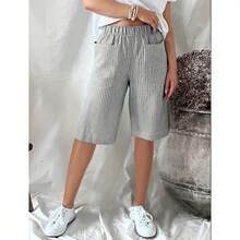 Women's Casual Shorts, Retro Summer Style, Jacquard Woven, Striped And Patchwork - Light Blue - View 2