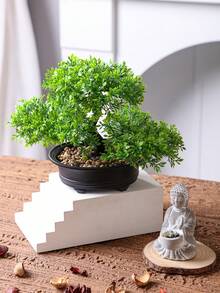 1棵人造盆栽树，黑色花盆，高7.9英寸（20厘米），绿色仿真植物，适合家居和办公室装饰 | 非常适合摆放在架子、书桌、浴室 | 农舍风格节日装饰、情人节装饰、春夏装饰、家居点缀 - 綠色-E - 查看 3