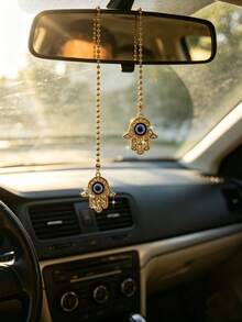 1 pieza Colgante de coche de la Mano de Fátima con ojos azules de diamante, decoración colgante interior para el espejo retrovisor - A - Ver 1