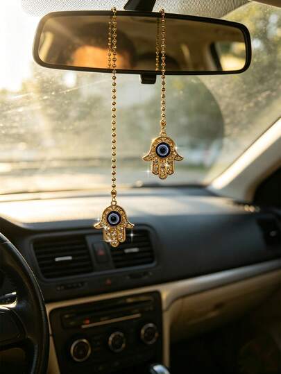 1pc Fatima's Hand Car Pendant With Diamond Blue Eyes Interior Hanging Decoration Interior Rearview Mirror Pendant