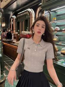 夏季新款 Polo 领针织衫，短袖 T 恤，女士针织上衣 - 灰色 - 查看 6