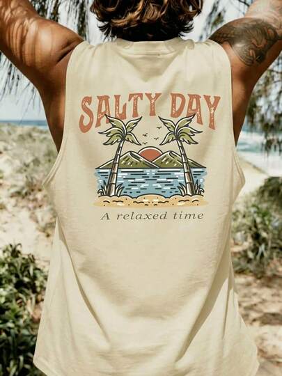 Plus Size Men's Summer Casual Vacation Streetwear Palm Tree Beach Wave Mountain Sunset Sleeveless Tank Top, Suitable For Home, Office, Outdoor, City, Streetwear, Youth, Minimalist, Campus, Retro, Natural, Versatile, Texture, Elegant, Personalized, Sports