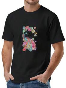 T-shirt d'été à col rond et manches courtes pour hommes, décontracté. Top confortable, respirant et léger avec un motif paon coloré et élégant, idéal pour le port quotidien, les loisirs en plein air et les rassemblements de week-end décontractés - Noir - Voir 2