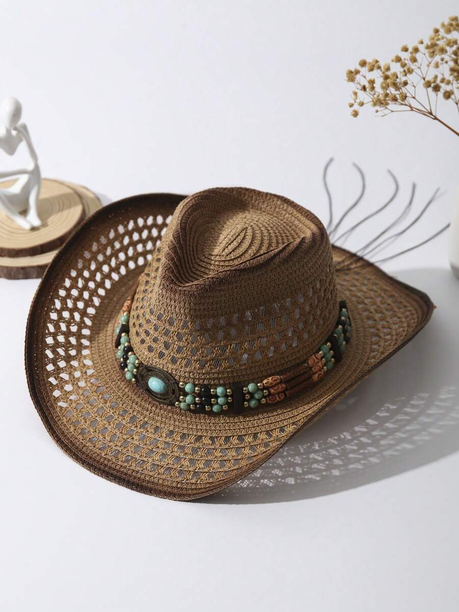 1pc Unisex Turquoise Decor Adjustable Hollow Out Summer Travel Shade Hand Woven Wide Brim Windproof Rope Breathable With Beaded Trim Band Dyeing Printed Handmade Cowgirl Hat Cowboy Hat Beach Hat Sun Hat Straw Hat - Khaki - View 1