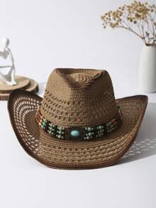 1pc Unisex Turquoise Decor Dyeing Printed Adjustable Hollow Out Summer Travel Shade Hand Woven Wide Brim Windproof Rope Breathable With Beaded Trim Band Handmade Cowgirl Hat Cowboy Hat Sun Hat Beach Hat Straw Hat - Màu Khaki - Xem 6
