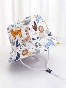 1pc Cartoon Tiger & Lion Animal Pattern White Toddler Sun Hat, Suitable For Spring, Summer, Autumn Outdoor Sun Protection - White - View 2