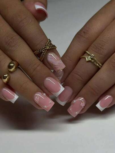 NAIO 24pcs Short, Square Gradient Nail Stickers, French Press-On Nails, Square Acrylic False Nails, Decorated With Small Flowers And Pearls, Come With A Bottle Of Gel And A Nail File. Easy To Apply, Suitable For Summer And Short Nails, Perfect For Women And Girls For Everyday Wear, Parties, And Other Occasions.