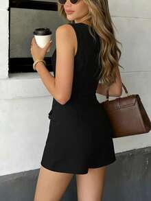 Bộ jumpsuit nữ màu đen cổ tròn không tay, dáng ôm, cài kim loại, thiết kế bất đối xứng, thanh lịch, sang trọng, thích hợp cho công sở, đi chơi, mùa xuân và hè. - màu đen - Xem 5