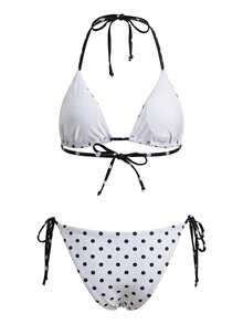 Women Brazilian Bikini Set Halter String Triangle Tie Side Cheeky Thong Y2k Dot Print 2 Piece Swimsuit Bathing Suit Summer Beachwear - White - View 7