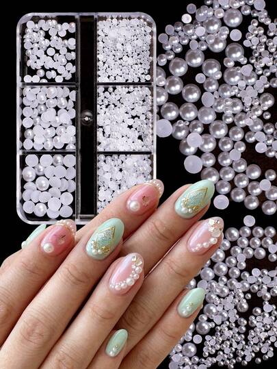 QIANJIKU 6-Grid Pearl Nail Jewelry, White Flat Back Pearls In Mixed Sizes, French Manicure Design, Cute, Odorless, For Nail Decoration, Pendant, DIY Accessories, Nail Salon, Holiday Gift