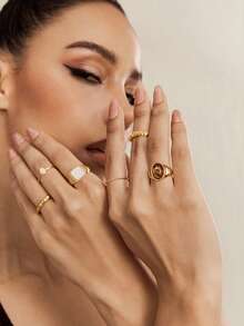 Altistry 6pcs Croissant Moonstone Vintage French Minimalist Acrylic Stone Imitation Metal Retro Ring Set, Suitable For Parties, Gifts, And Daily Wear - Gold - View 4