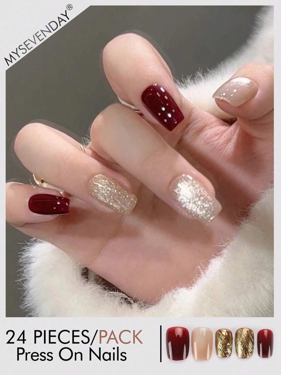 24pcs Square/Luxury Burgundy Gold Foil Square & Round Nail Stickers, 24pcs Set Suitable For Daily, Party And Casual Occasions - Multicolor - View 1