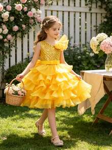 女童亮片蓬蓬蛋糕裙公主裙斜肩派对礼服花童礼服婚礼生日宴会走秀钢琴演奏会晚礼服 - 黃色 - 查看 2
