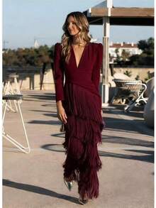 Women's New Fashion Deep V-Neck, Asymmetrical Fringe, Slim-Fit Maxi Dress - 酒紅色 - 查看 2