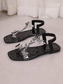 Teen Glitter Butterfly Ankle Strap Flats - Crystal & Pearl Dressy Sandals - Black - View 8